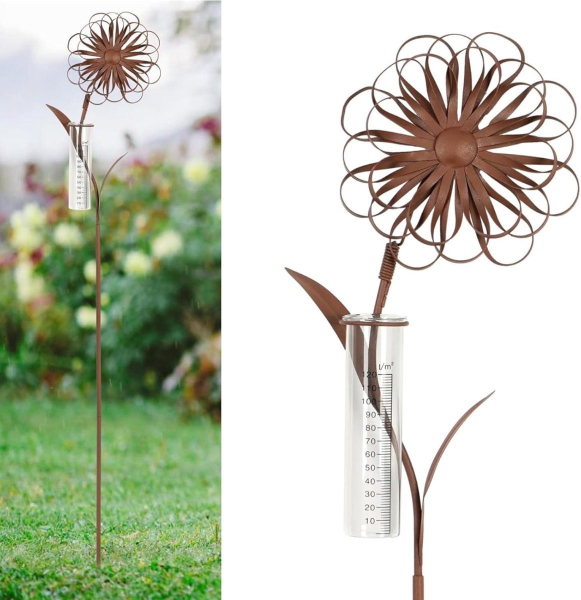 SnelShoppen - Decoratieve Regenmeter voor Tuin, Frost-proof met Stok - 110cm H, Weerbestendige Neerslagmeter van Glas voor Balkon, Terras en Tuin