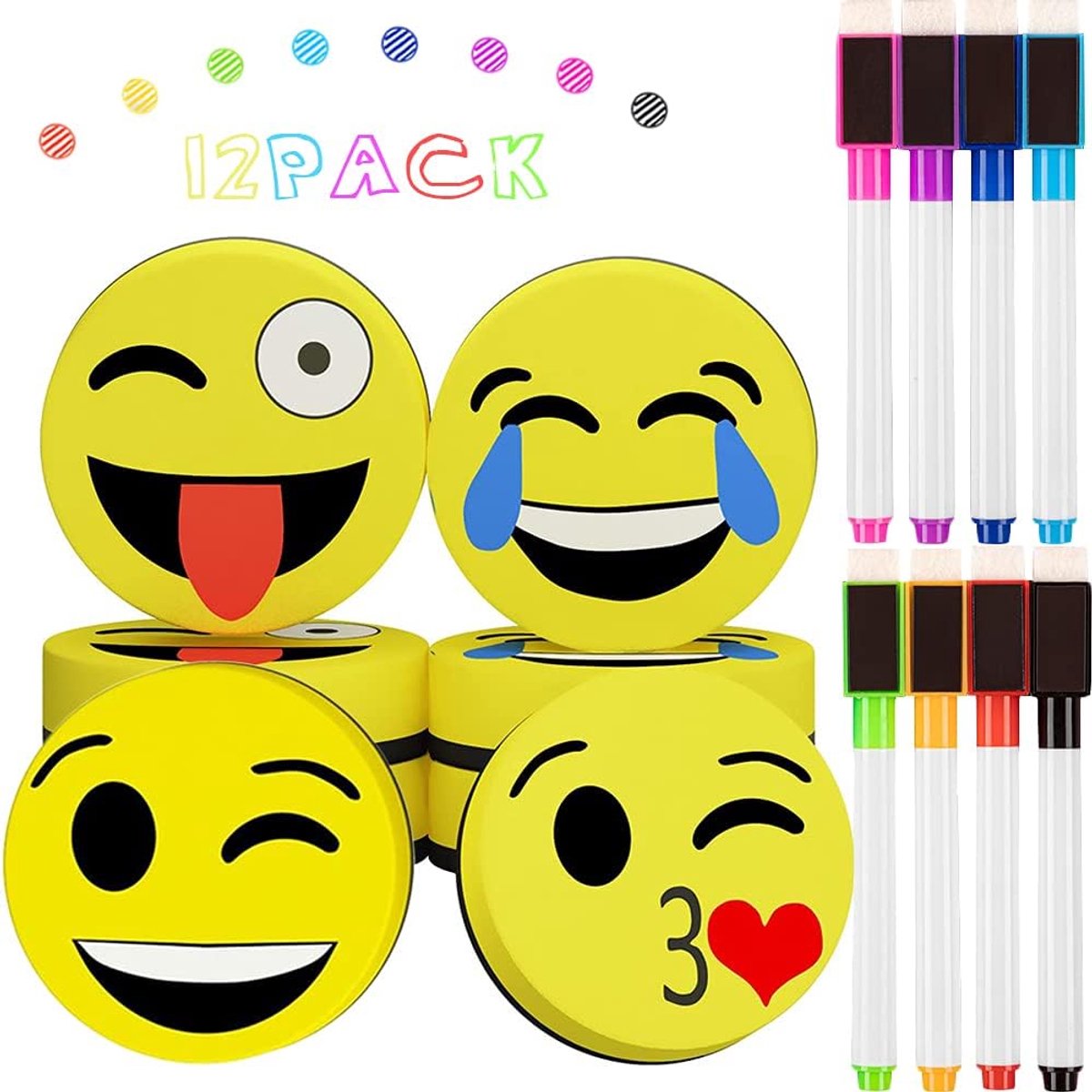 SnelShoppen - Set van 4 witteboard sponsen + 8 Kleurrijke Witteboard Markers, Magnetische Witteboard Sponsen met 2-in-1 Krijtmarker, Drooguitwisbaar,