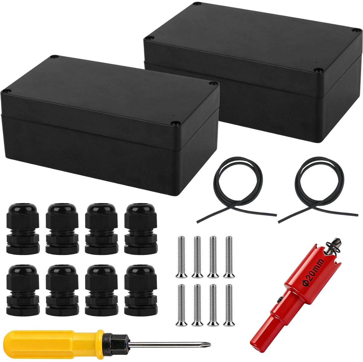 SnelShoppen - 2 Stuks Zwarte Opbouw Verdeelkasten, Waterproof IP65 Elektronische Aansluitdozen met Kabelwartels voor Tuin, Camping, Buitengebruik