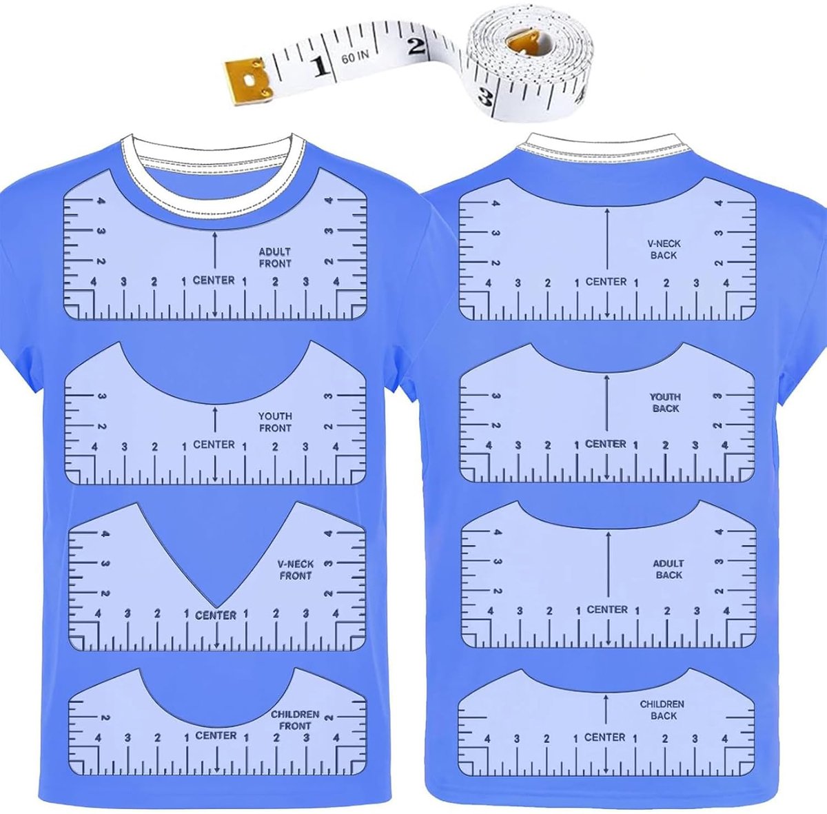 KZQ T-shirt aligneerliniaal voor vinyl en hittepers - PVC sjabloon voor middelpuntbepaling - Set voor volwassenen en kinderen - Transparant