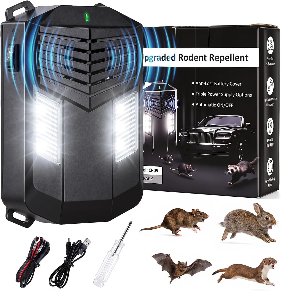 SnelShoppen - Ultrasone Marderverjager voor Auto op Batterijen met Flitslicht en Sensor, Marterbescherming voor Motorruimte, Huis, Tuin en Zolder