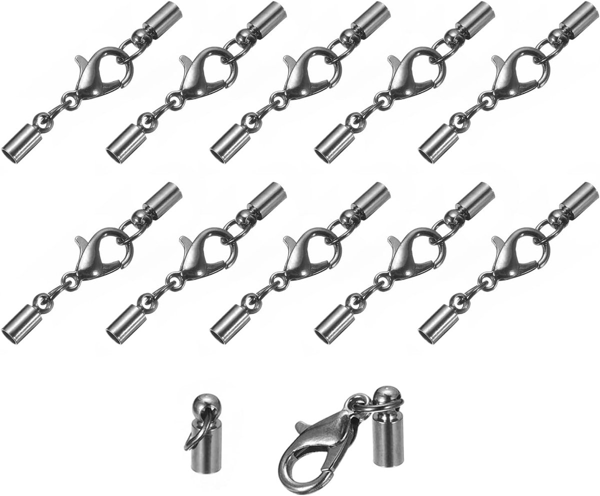 SnelShoppen - 10 Stuks Kettinkjes met Karabijnhaak - 3 mm Leer Koord Eindkappen in Metallic Zwart - Ideaal voor DIY Armbanden en Creatieve Projecten