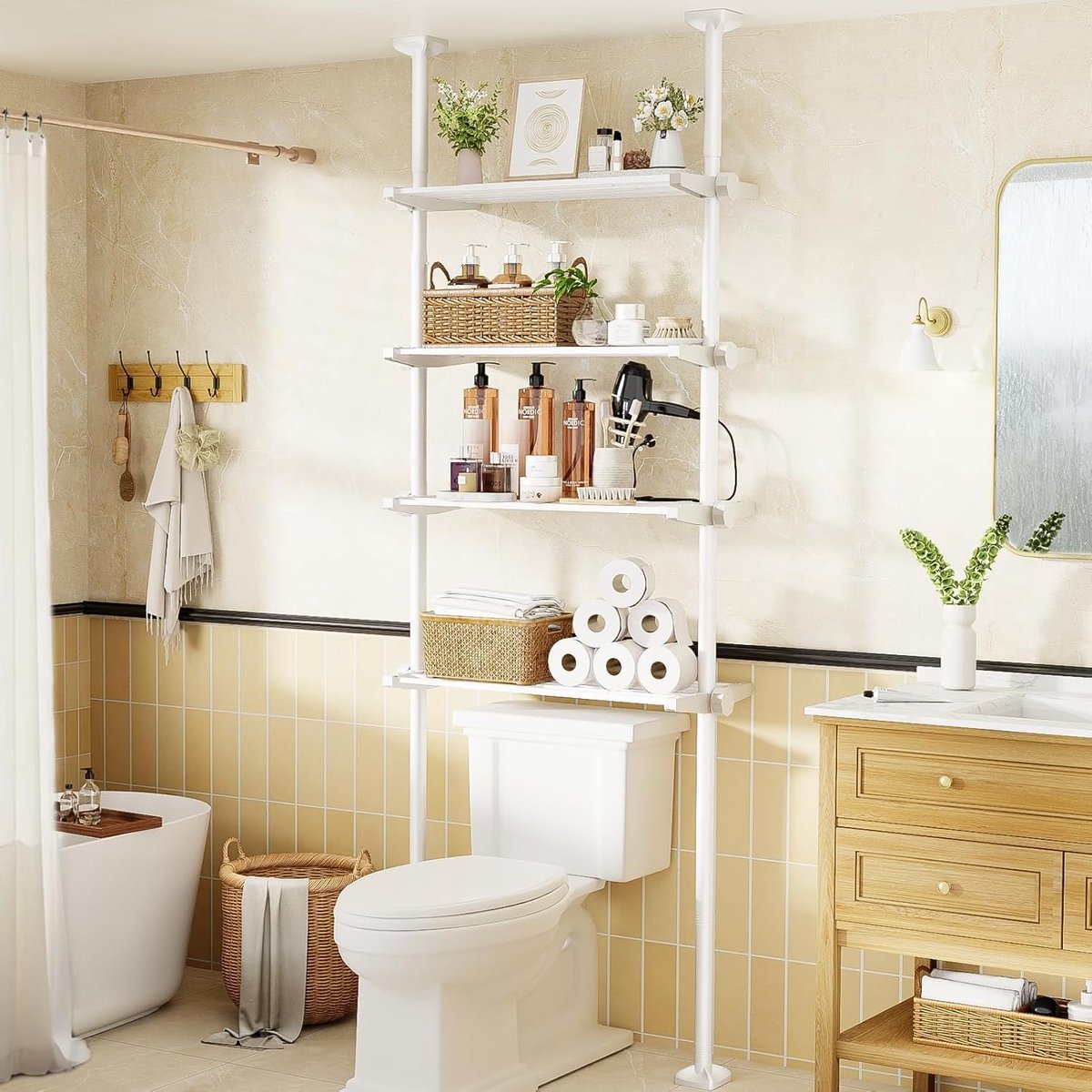 SnelShoppen - Toilet Rack met 4 Niveaus - Badkamer Rack Boven het Toilet - Ruimtebesparend - 49-79 cm Breed - 122-315 cm Hoog - Organizer voor Wasmach