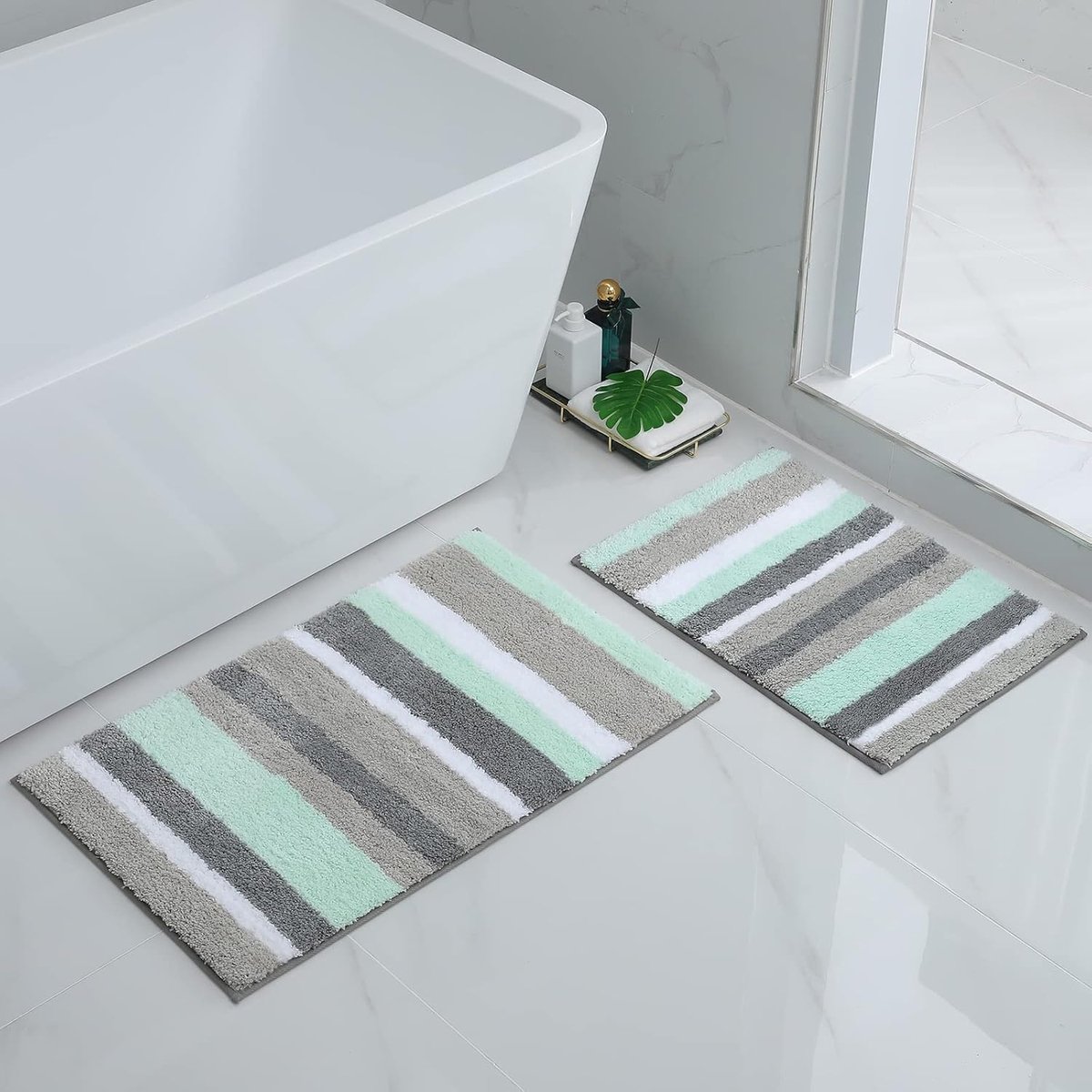 SnelShoppen - Badmat Set van 2 Microvezel Antislip 40 x 60 cm + 50 x 80 cm Groen Grijs - Zachte, Absorberende Badkamer Accessoires voor Comfort en War