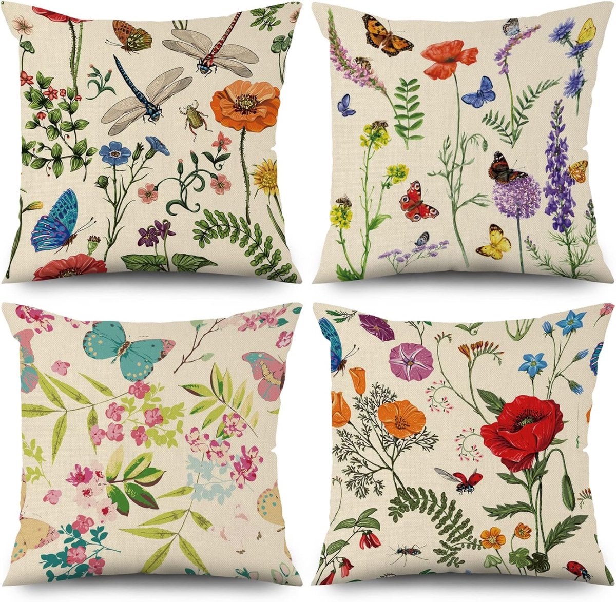 SnelShoppen - Set van 4 Flower Cushion Covers 40x40 cm - Decoratieve Kussenhoezen met Verse Bloemen en Groene Bladeren - Wasbare Polyester, Flax Texti