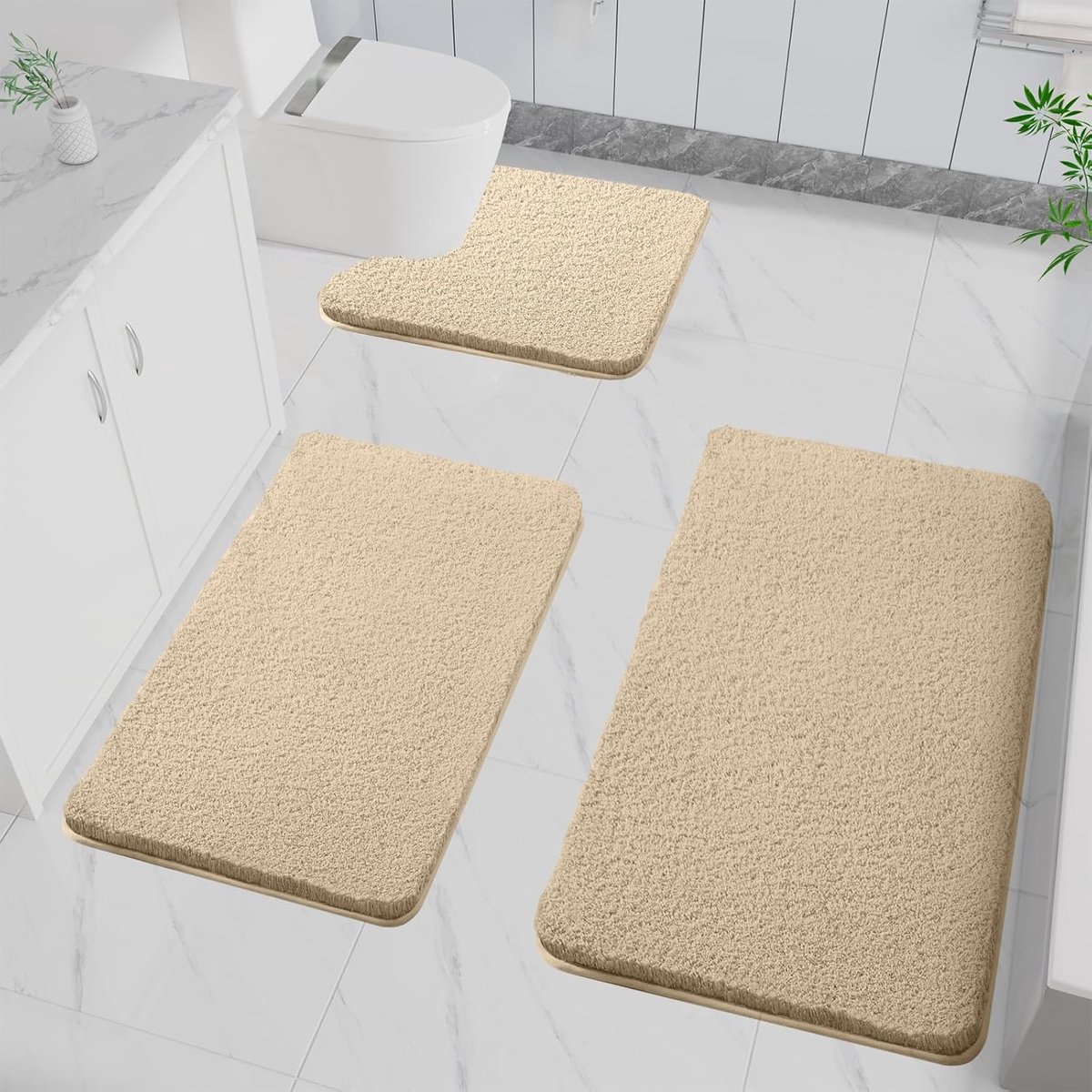SnelShoppen - Badmat Antislip Zacht Waterafstotend Hoogpolig Microfiber Mat voor Badkamer Machinewasbaar voor Badkuip, Douche en Toilet, Set van 3 (Ca