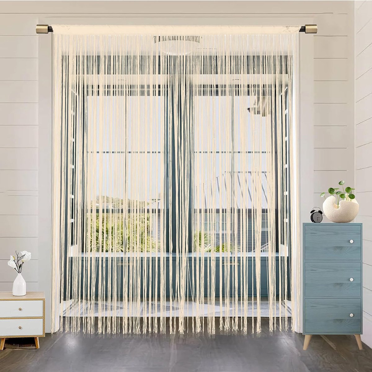 SnelShoppen - String Deur Gordijn Raamdecoratie Room Divider 200x200cm Champagne - Eco-vriendelijk Polyester, Lichtdoorlatend en Privacy Bescherming
