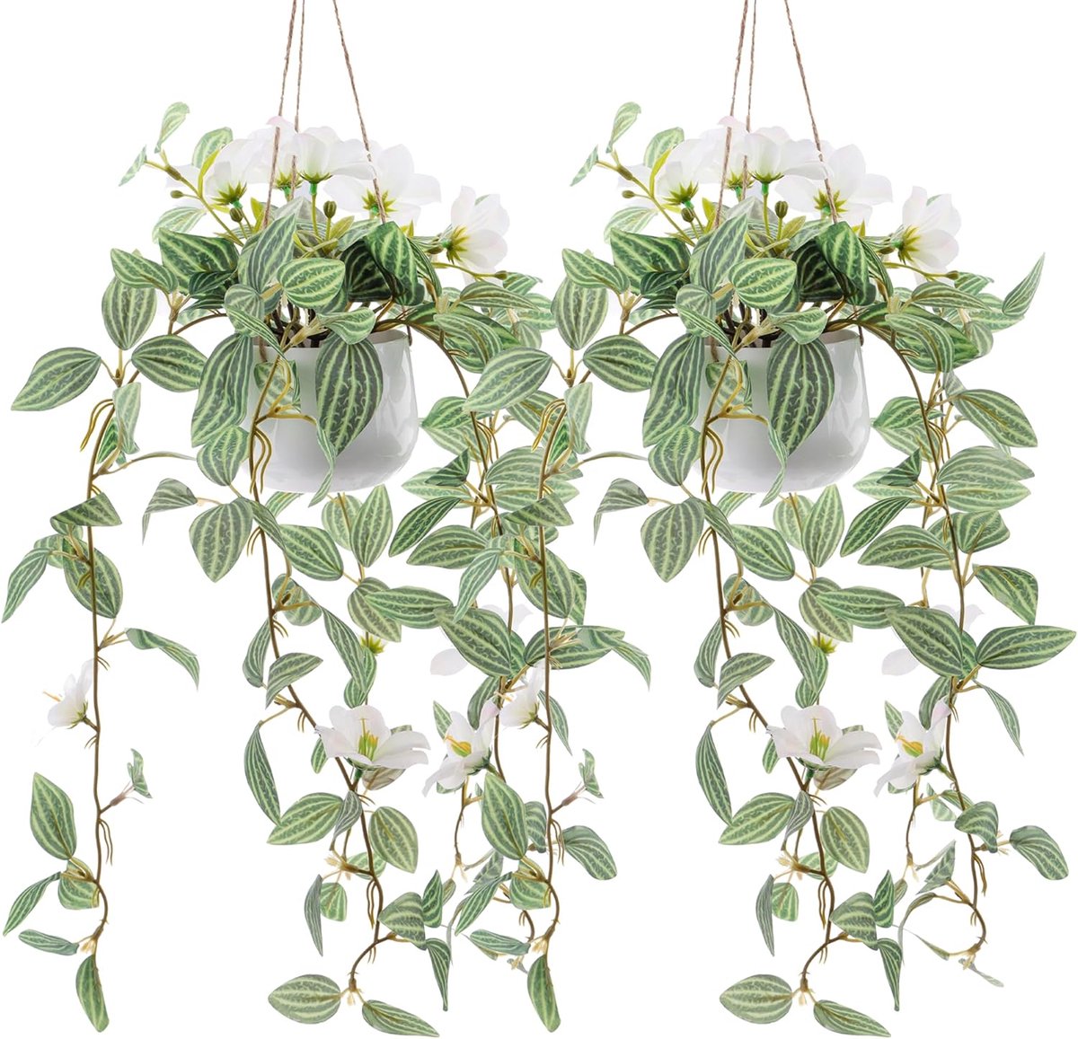 SnelShoppen - 2Packs Faux Hanging Plants Kunstplanten met Witte Bloemen, Kunststof Muurdecoratie voor Binnen en Buiten, 44cm Hoog, Ideaal voor Slaapka