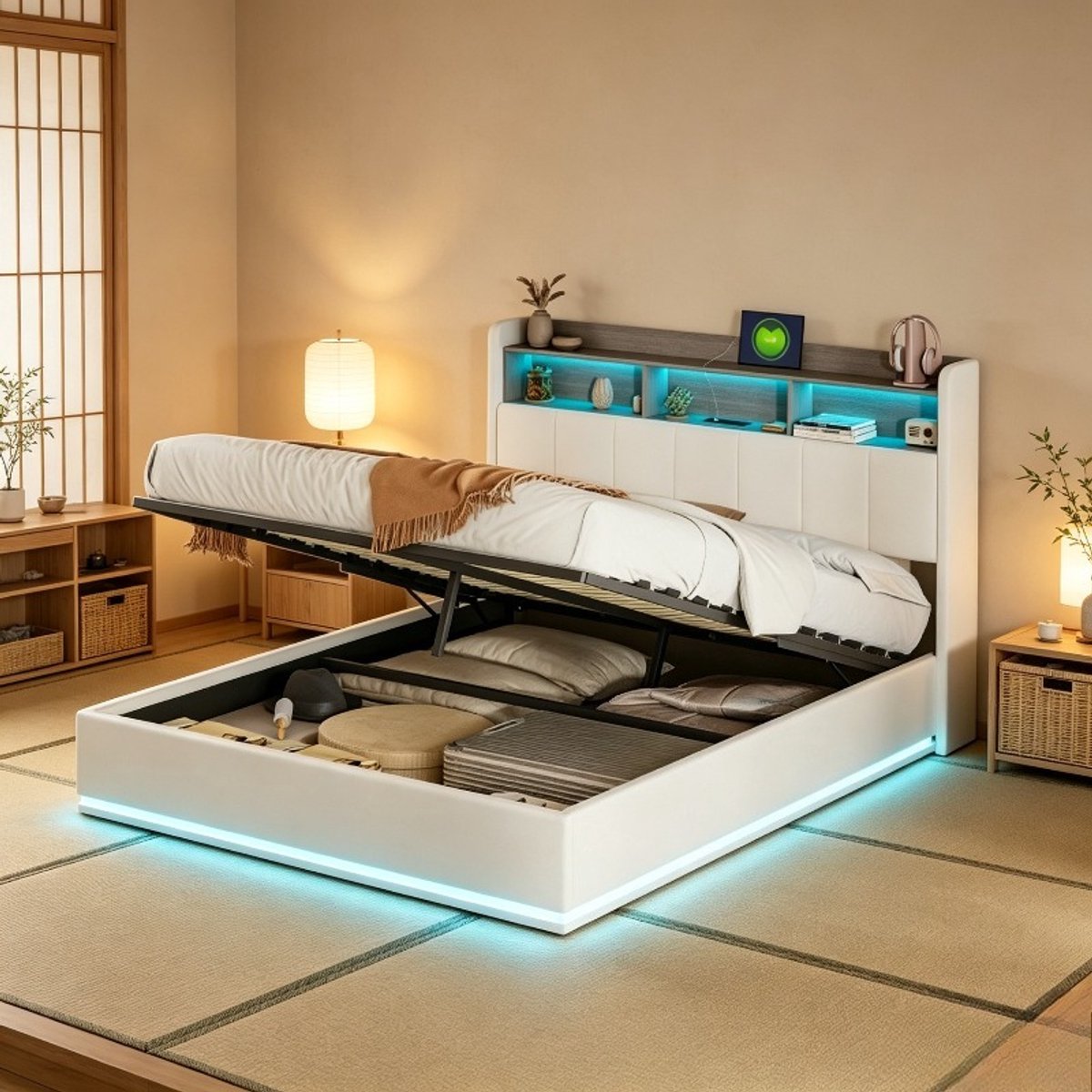Tweepersoonsbed 140x200 cm, volwassen bed en 2 persoonsbed met led verlichting, gestoffeerd bed met hoofdbord en opbergruimte, fluwelen bed beige, zonder matras