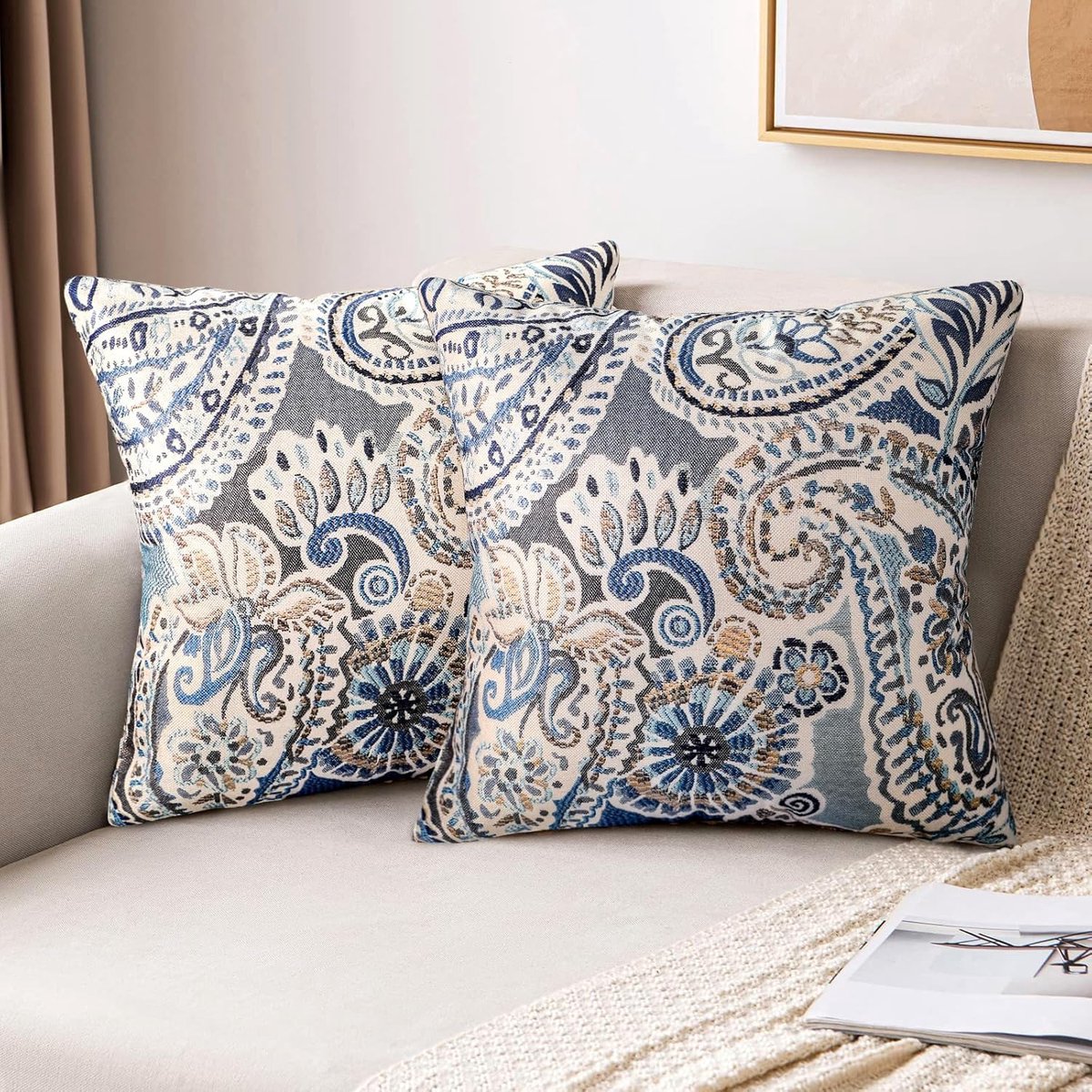 SnelShoppen - 2x 45x45 cm Blauw Boho Mandala Kussenhoezen Set van 2 Vierkante Linnen Kussens voor Woonkamer, Slaapkamer, Tuin en Sofa Decoratie