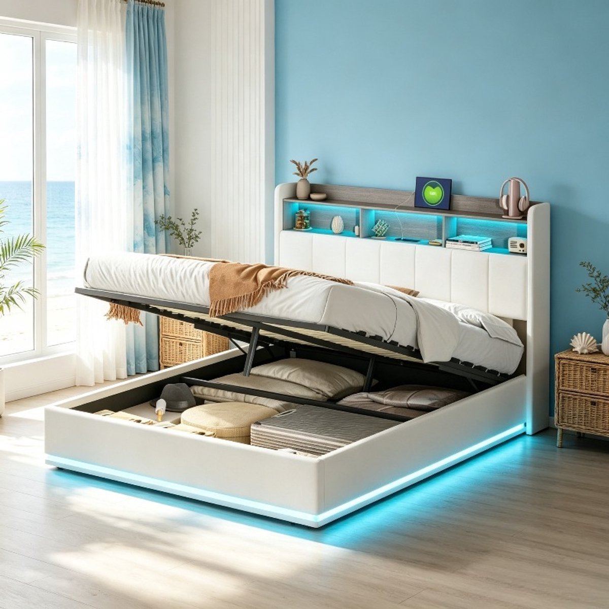 Tweepersoonsbed 140x190 cm, volwassen bed en 2 persoonsbed met led verlichting, gestoffeerd bed met hoofdbord en opbergruimte, fluwelen bed beige, zonder matras
