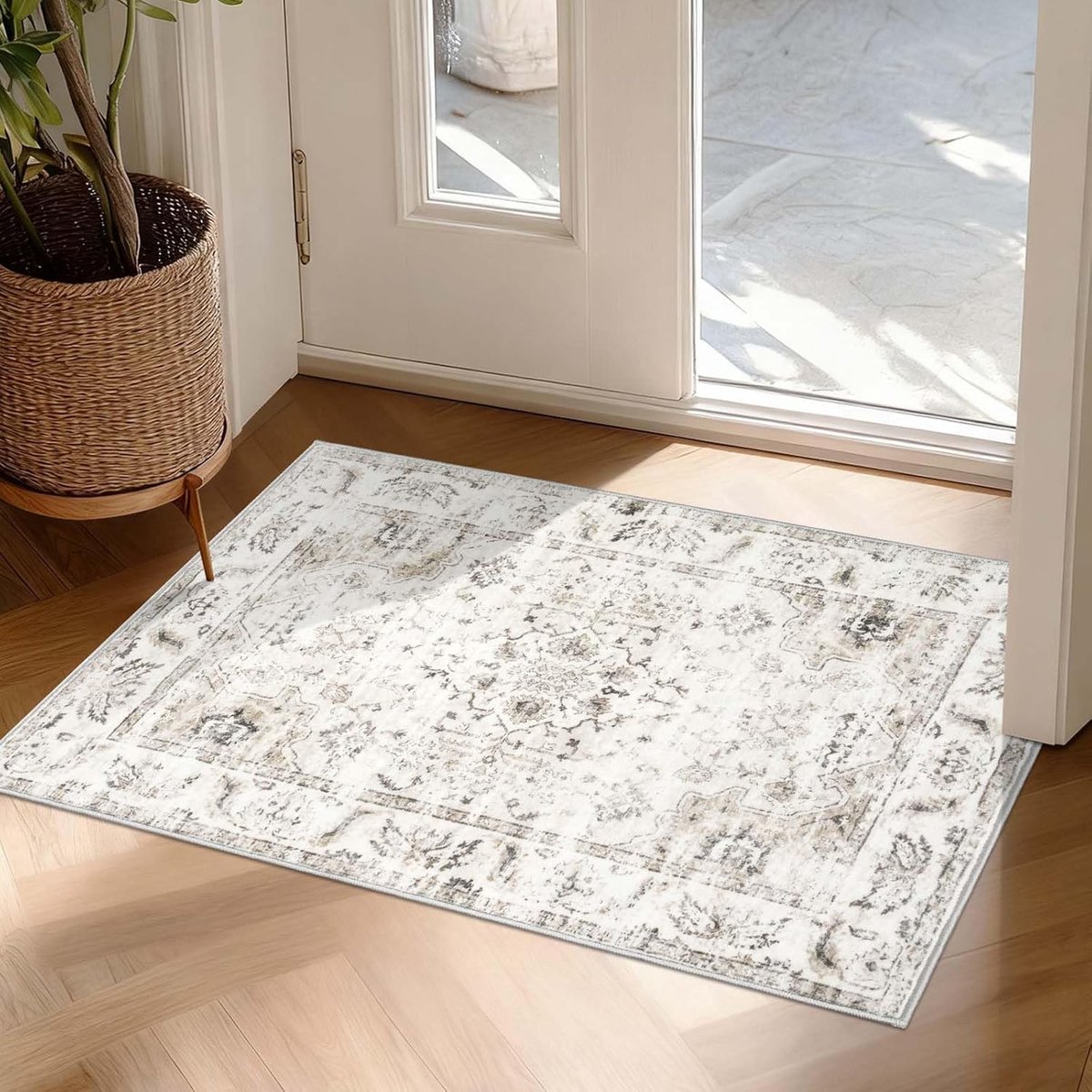 SnelShoppen - Boho Area Rug 60 x 90 cm - Non-Slip Wasbare Doormat - Faux Wool Korte Pool - Beige Vloerkleed voor Woonkamer, Slaapkamer, Keuken, Hal, K
