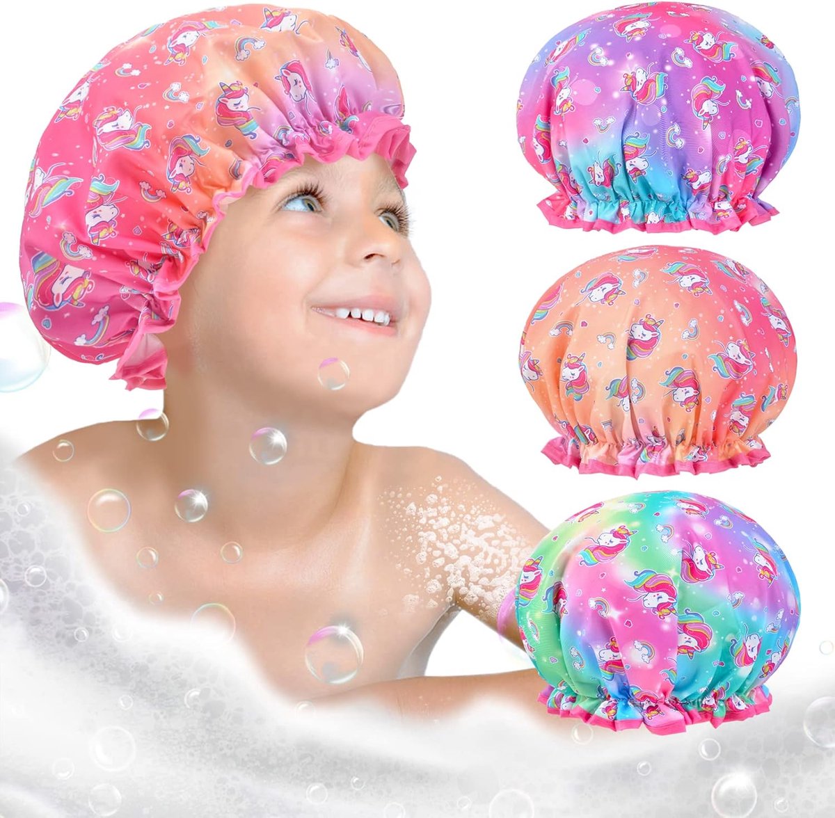 SnelShoppen - Kids Douchekap Set van 3 - Herbruikbare Waterdichte Verstelbare Haarbedekking voor Kinderen - Eenhoorn, Zeemeermin, Regenboog - Geschikt