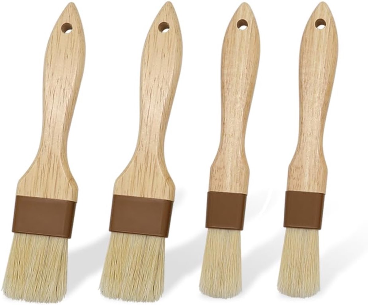 SnelShoppen - 4 Stuks Houten Keukenkwasten - Oliekwasten voor Bakken, Grillen en Koken - Natuurlijke Varkensharen Borstels - Kleine & Medium Maten