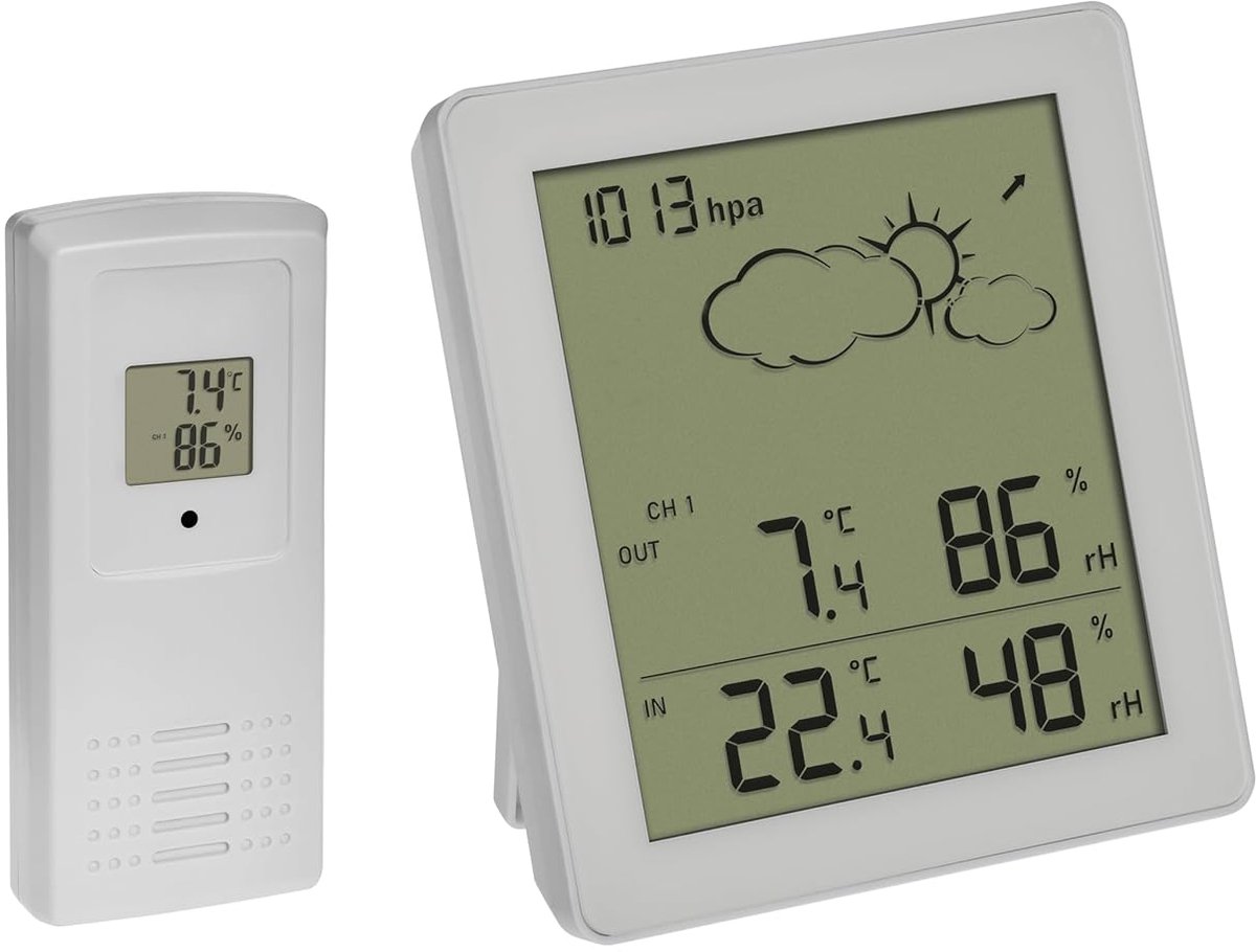 SnelShoppen - Compacte Digitale Weerstation met Buiten Sensor - Binnen en Buiten Temperatuur, Vochtigheid, Weersvoorspelling en Luchtdruk - Wit en Mod