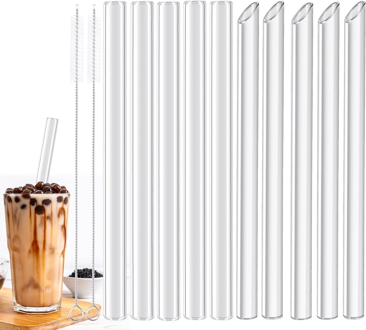SnelShoppen - 10 Herbruikbare Glazen Rietjes, Lange Rechtstreeks, 14mm x 215mm, Vaatwasserbestendig, Inclusief 2 Schoonmaakborstels voor Smoothies, Sa