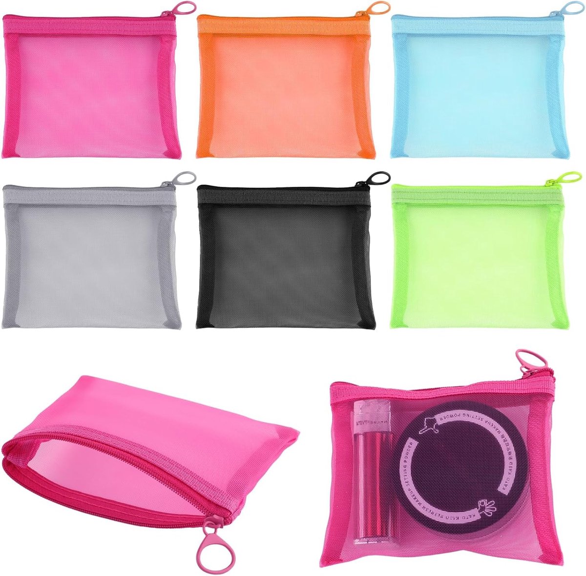 SnelShoppen - 6 Pack Mini Rits Mesh Zakken 13x10cm - Draagbare Nylon Clear Toilettas - Cosmetische Organizer voor Make-up, Lippenstift, Sieraden & Oor