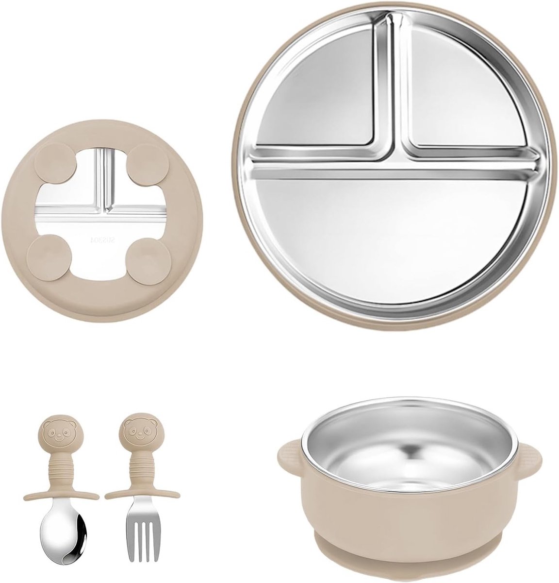 Babybestek Set 4-delig Inox en Silicone met Antislip Zuignap | Ergonomisch, Stabiel en Geschikt voor Zelfstandig Eten door Baby's
