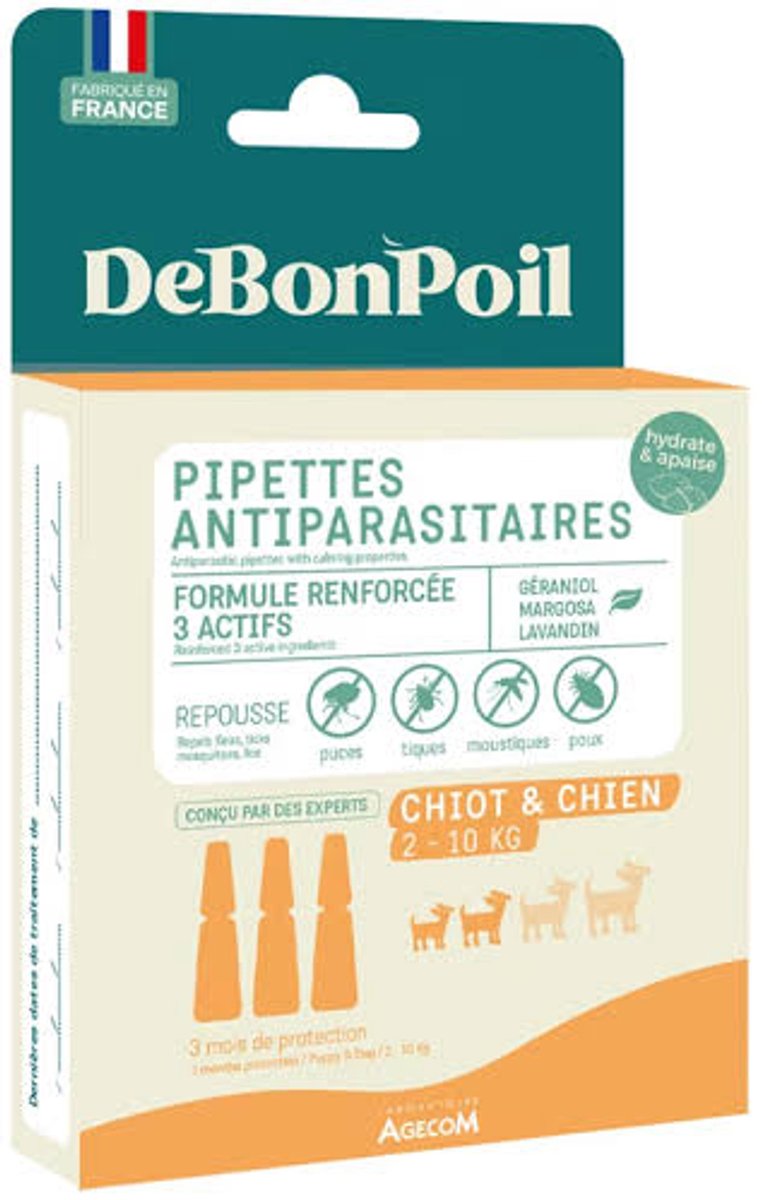 DeBonPoil Antiparasitaire Vlooiendruppels - Tegen Vlooien en Teken - Puppy & Hond 2-10 kg - 3 Pipetten