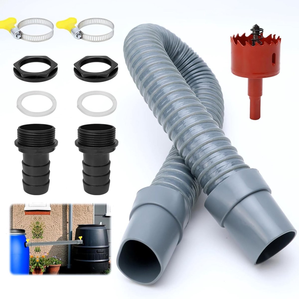 Regenton Connector Set met 50 cm Slang, 2 Ducts, 2 Shells en 2 Siliconen O-ringen voor Efficiënte Wateropslag