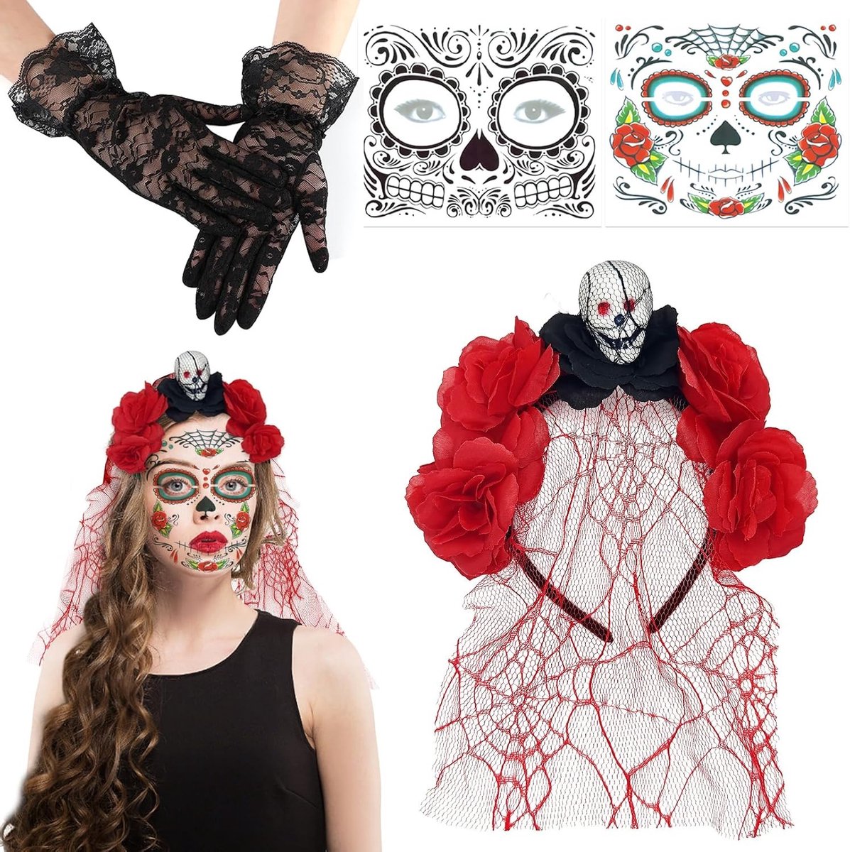 Halloween Haarband met Roze Kroon en Bloemen, inclusief 2 Gezichtstatoeages voor Kostuumfeest en Dag van de Doden Accessoires