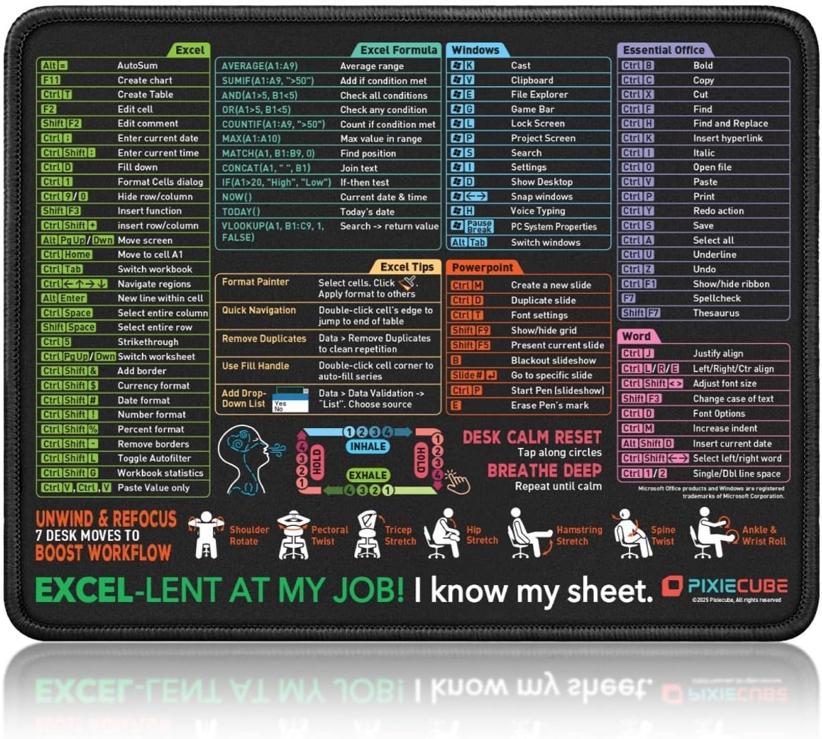 SnelShoppen - Pixiecube Muismat met Excel, PowerPoint, Word, Windows Sneltoetsen - Compact Desk Pad voor Thuiswerk, Gaming, Waterdicht, Antislip, Stik