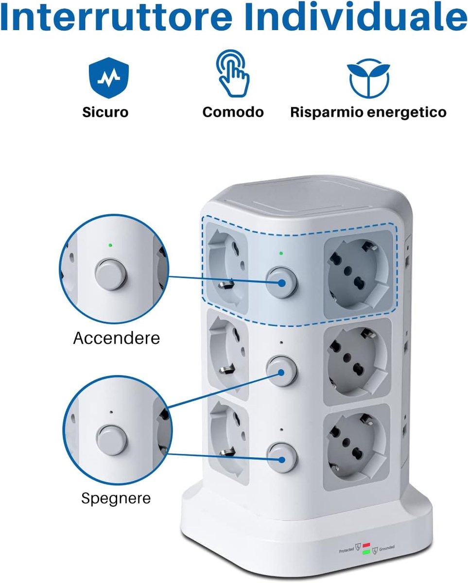 SnelShoppen - Powerstrip met 12 Universele ITA 10/16A en Schuko Stopcontacten, 6 USB-A Poorten, 5M Kabel, Verticale Overspanningsbeveiliging, Wit