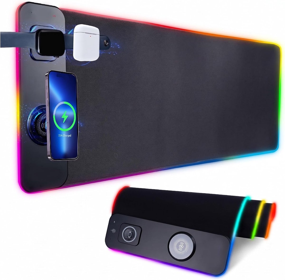 SnelShoppen - Wireless Charging RGB Gaming Mouse Pad 15W, Fast Qi Draadloze Oplader Muismat, XXL Toetsenbord Pad met Anti-slip Rubber Basis en LED Ver