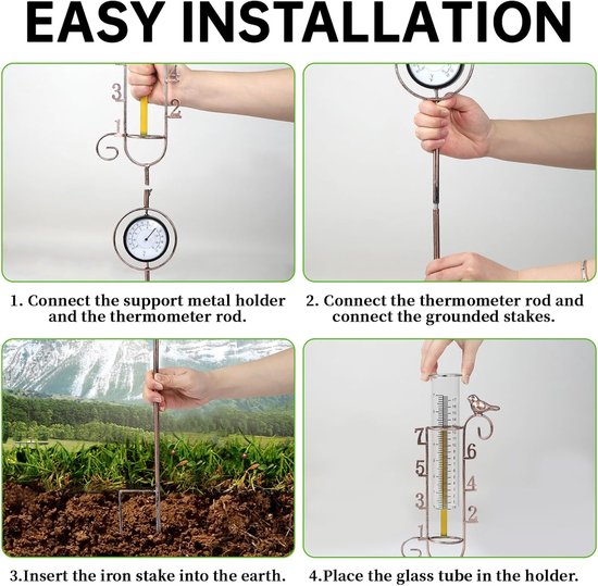 lalago Rain Gauge, Metal Garden Bird Rain Gauge with Thermometer, Outdoor Rain Gauge, Rain Tube, Glass Rain Gauge for Lawn, Courtyard, Garden Decoration van Merkloos	 — afbeelding 5