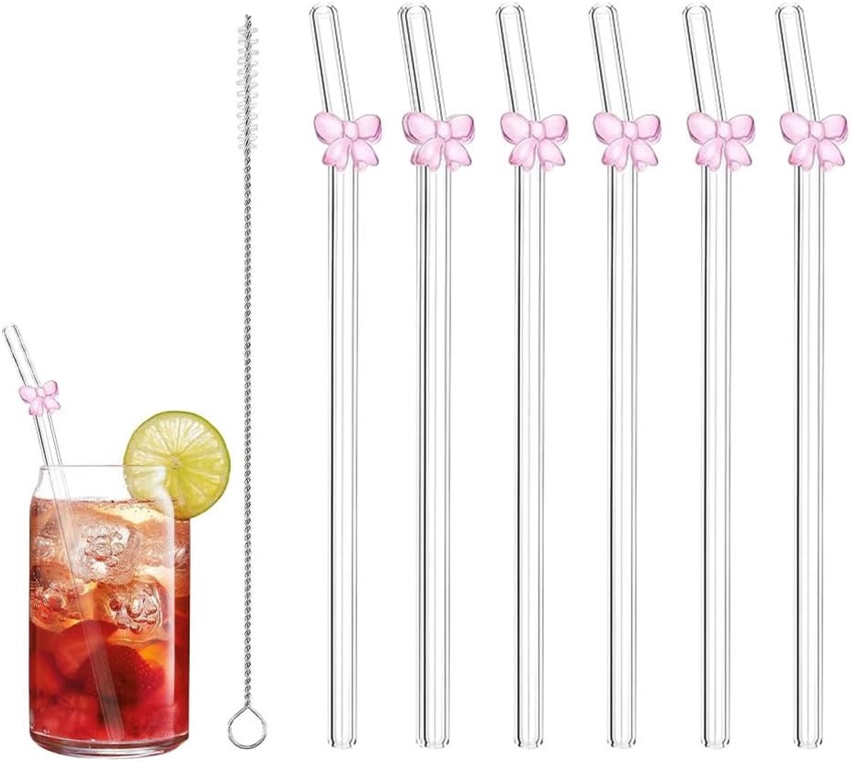 SnelShoppen - Lange Glazen Rietjes met Strikpatroon - 6 Stuks Herbruikbare Rietjes van Borosilicaatglas - Inclusief Rietborstel - Ideaal voor Smoothie