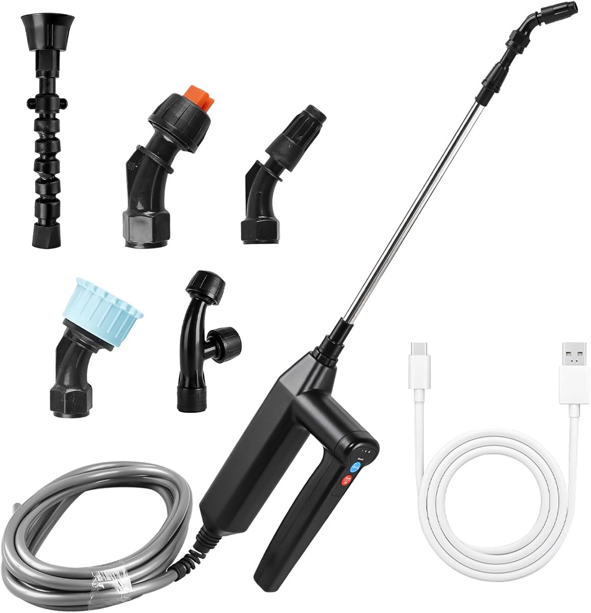 SnelShoppen - Accudrukspuit 7,4 V - Elektrische Plantensproeier met 8 m Waterslang en 5 Verstelbare Sproeiers - Oplaadbare Druksproeier voor Tuin, Gaz