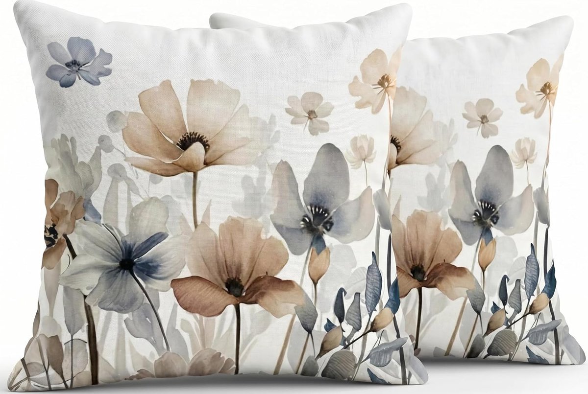 SnelShoppen - Set van 2 Decoratieve Kussenhoezen 45 x 45 cm, Abstracte Inktbloemen, Vintage Donkerblauw, Polyester Linnen, Ideaal voor Sofa, Kinderkam