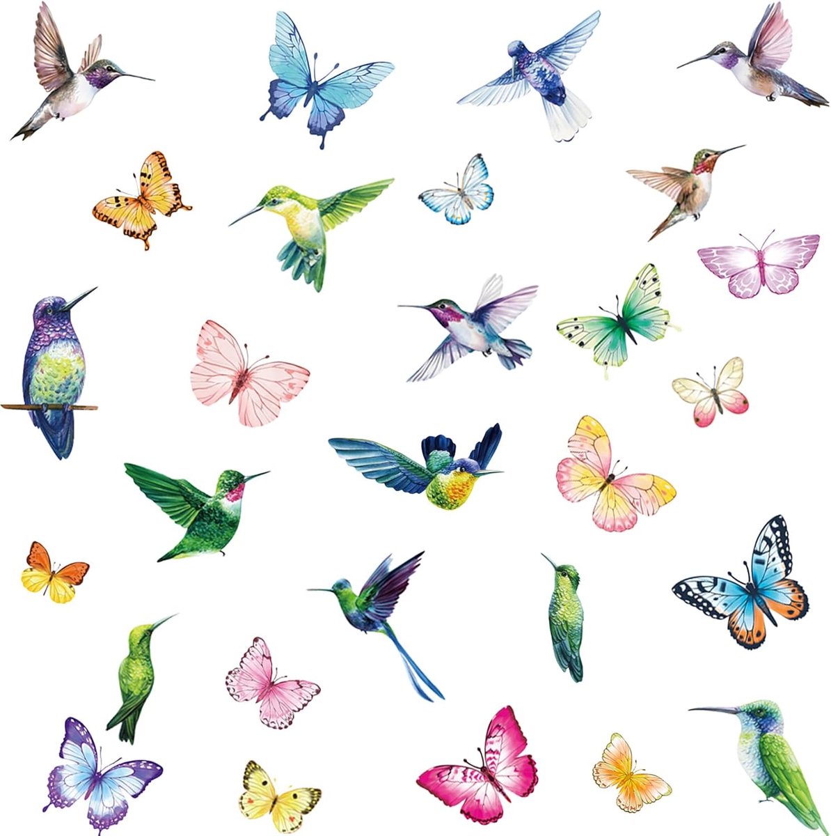 SnelShoppen - Vinylstickers voor glas, waterdicht, herbruikbare wanddecoratie met vogels en vlinders - 59 zelfklevende pvc-stickers op 10 vellen (22x3