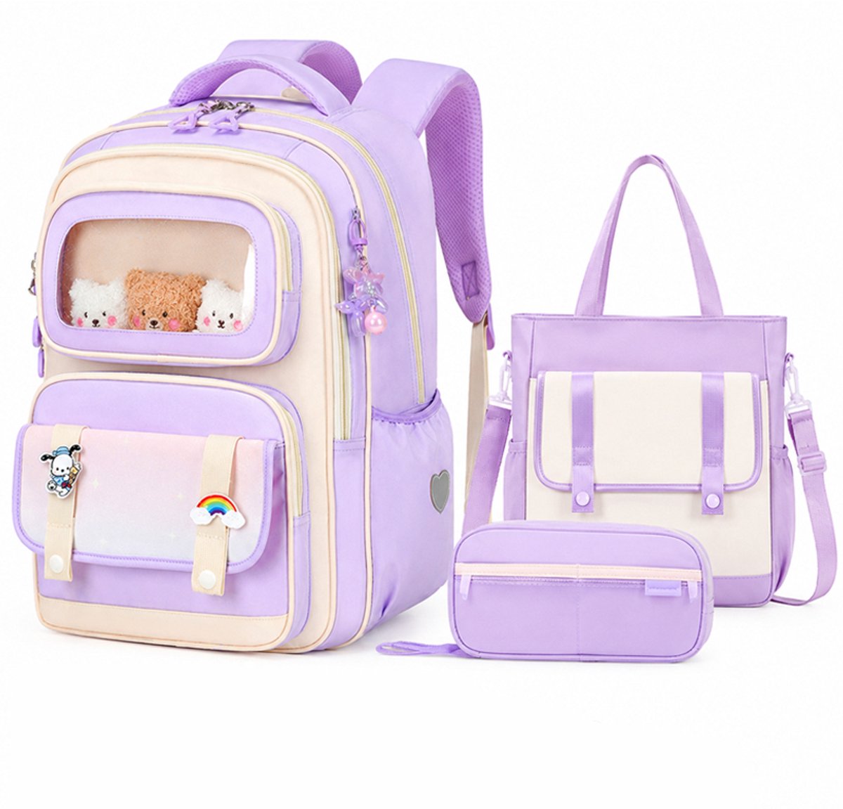 VHV - Schooltas - Rugzak meisje - Schooltas meisje - Kinderrugzak - Kleuterrugzak - Ergonomisch - Lichtgewicht - Voor basisschool en kinderopvang - Inclusief bijlestas en etui - 20 Liter - 42*30*15cm - Paars