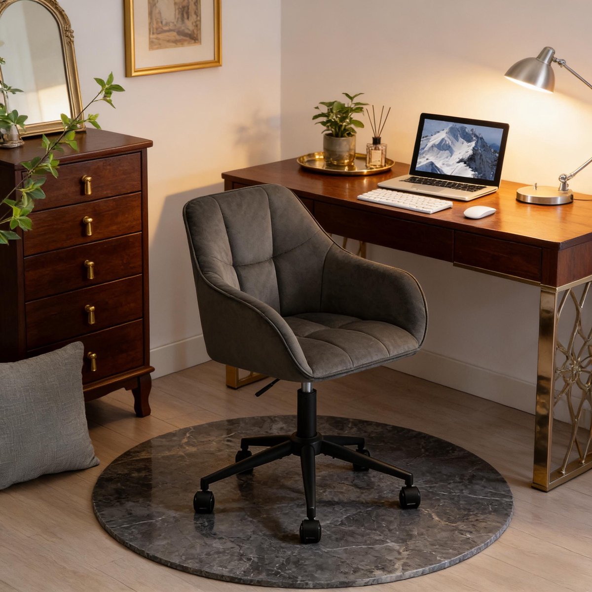 DESMIU Bureaustoel 61 Cm - Ergonomisch Met Vaste Armleuningen En 360 Graden Draaibaar - Voor Thuiswerkplek En Woonkamer - Metaal Donkergrijs