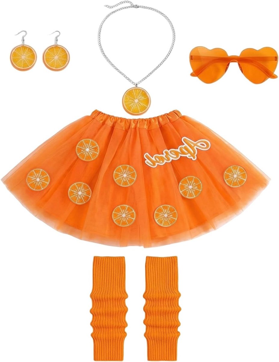 Carnaval Kostuum Dames Set met Oranje Rok, Oranje Haarband en Acryl Oorbellen voor 50s Feestjes en Themadagen