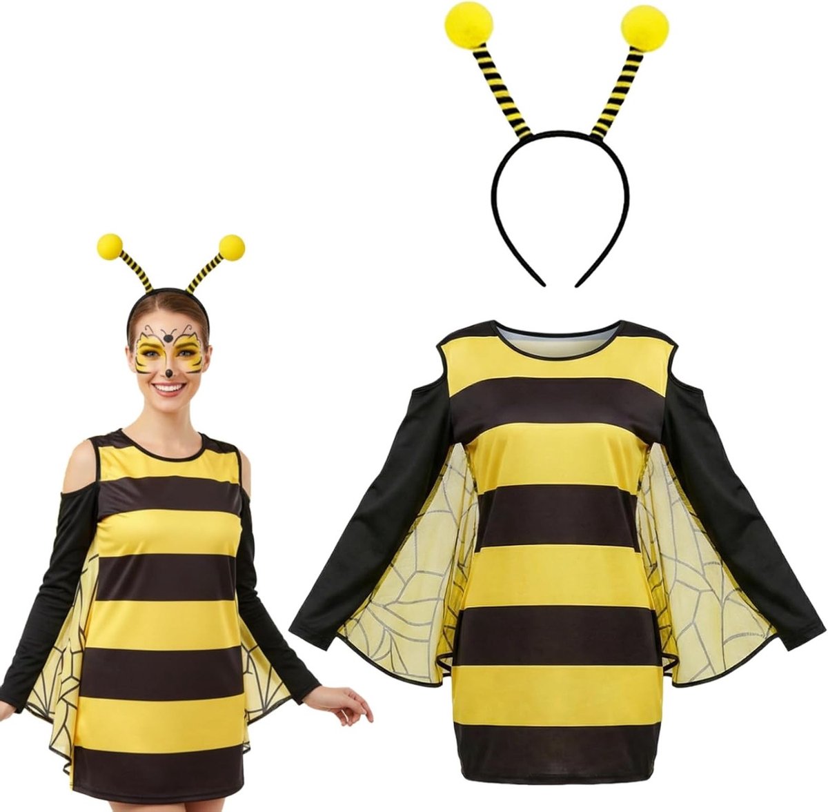 Vrouwelijk Bijenkostuum (Maat L-XXL) - Insecten Cosplay Outfit & Carnavalsjurk voor Plus Size met Lange Mouwen voor Halloween en Feestjes