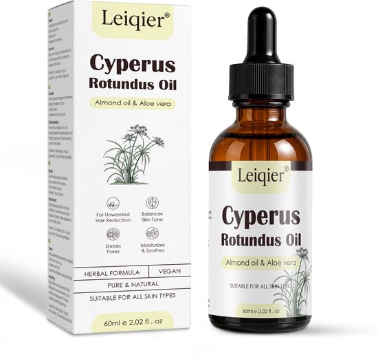 Leiqier Cyperus Rotundus Olie met amandelolie en aloë vera, in een amberkleurige druppelfles.