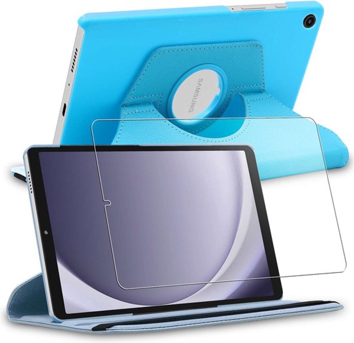 ebestStar - Hoes geschikt voor Samsung Galaxy Tab A9 8.7 (2023) SM-X110, Roterende Etui, Case, 360° Draaibaar hoesje, Blauw + Gehard Glas