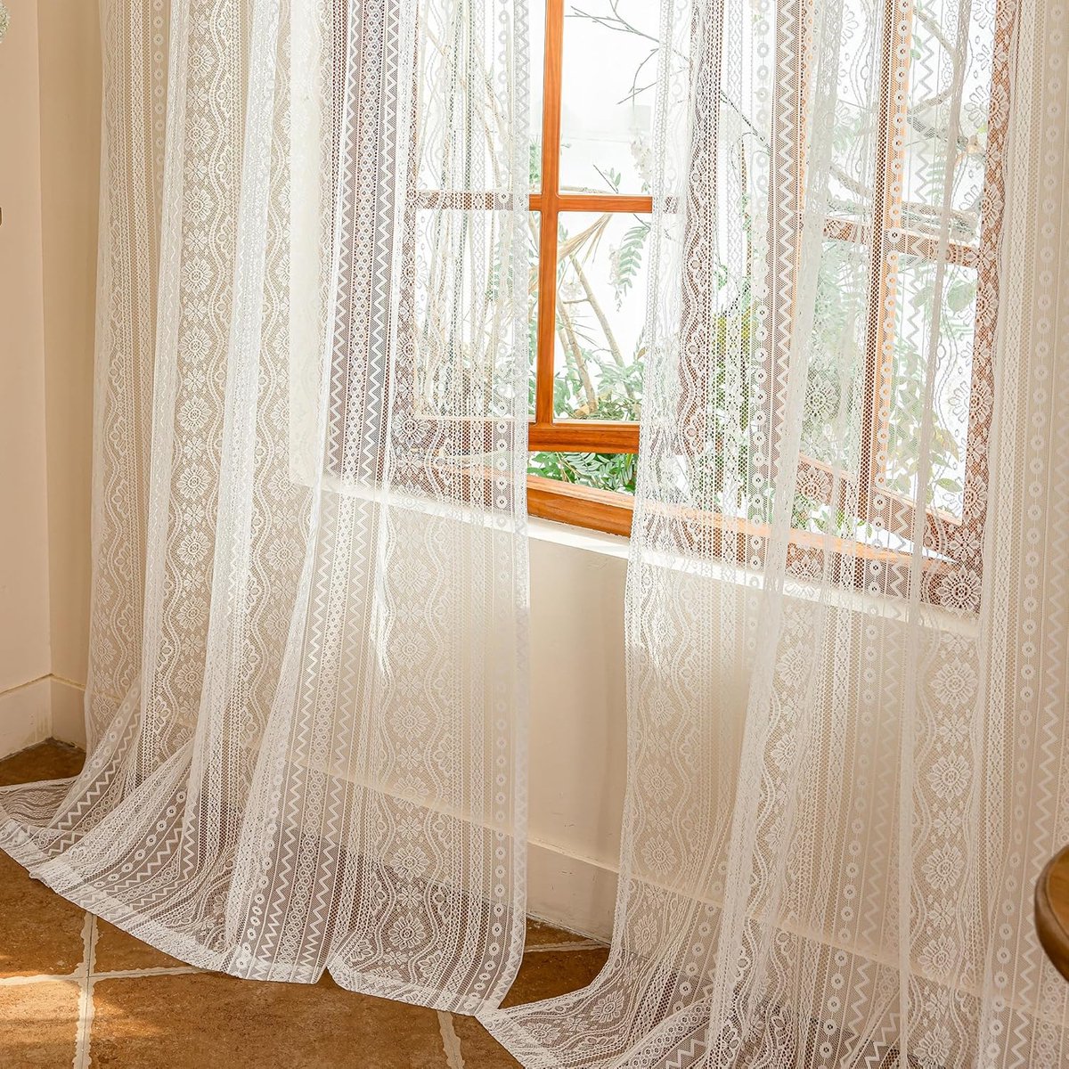 SnelShoppen - Vintage Kanten Gordijnen Boho - Kort Gordijn Set van 2 - Wit Semi-Transparant met Bloemenpatroon - 140x145 cm voor Slaapkamer en Woonkam