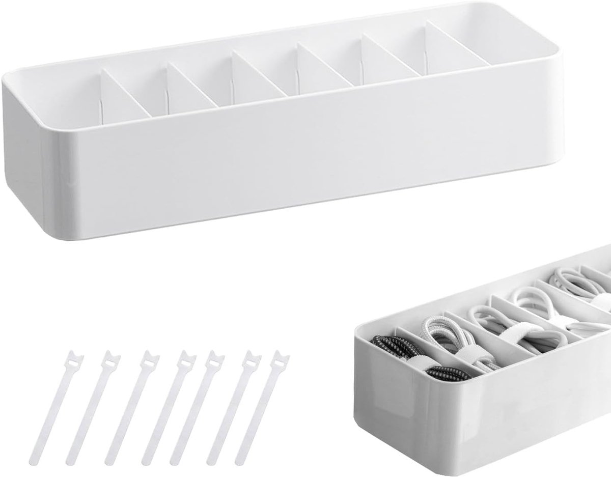 SnelShoppen - Kabelorganizer, opbergdoos, kabeltas, organizer met 7 vakken en 7 kabelbinders voor efficiënt kabelmanagement, kabelopslag voor bureau,