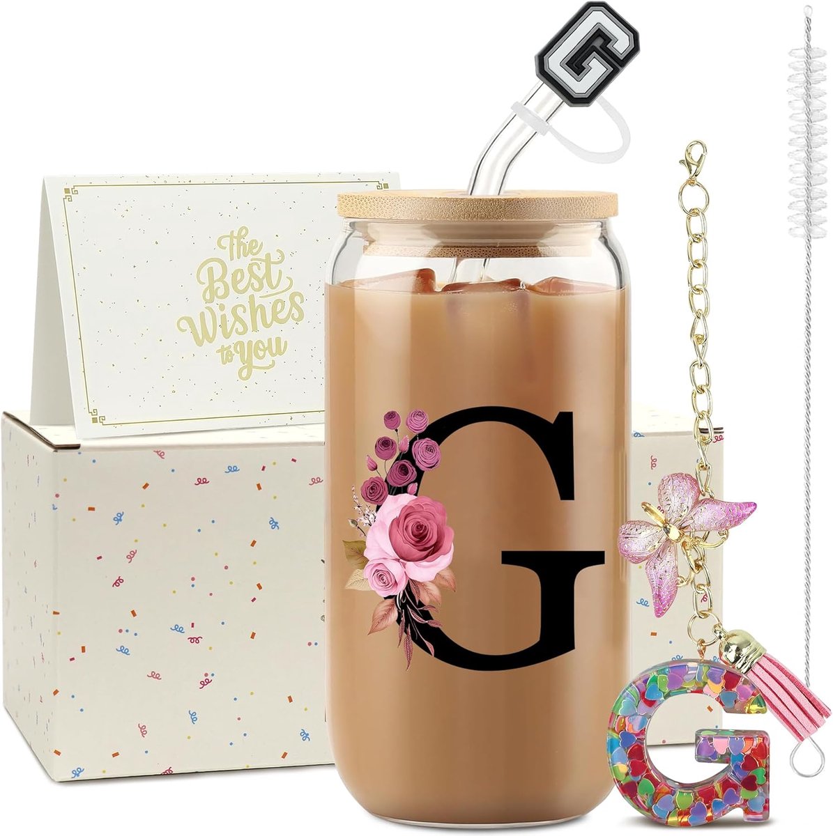 SnelShoppen - A-Z Letterglas met Rietje, 500 ml, Matcha Glas met Deksel, Uniek Cadeau voor Vrouwen, Verjaardag, Kerst of Valentijn, voor Vrouw, Moeder