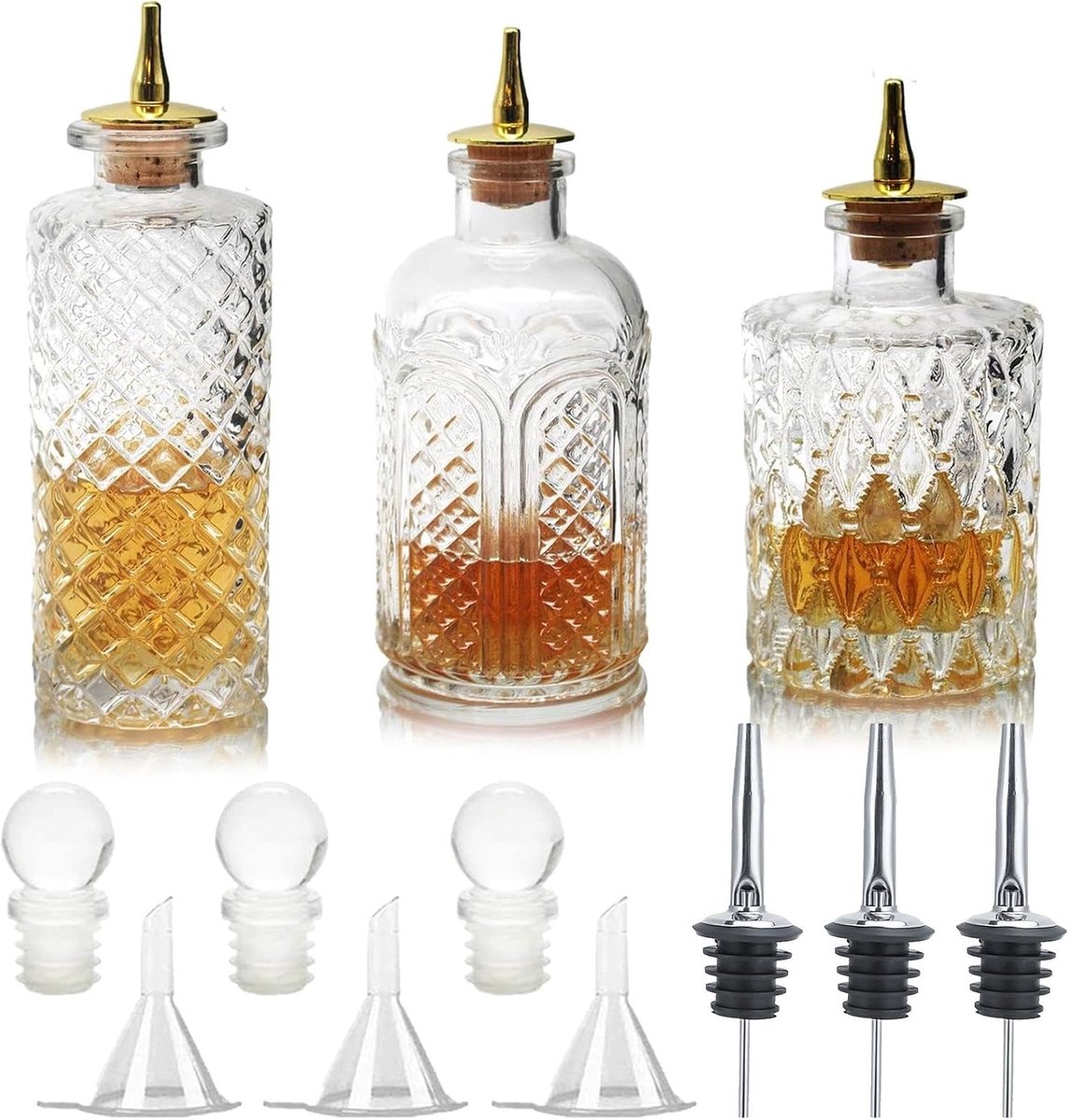 SnelShoppen - Set van 3 Vintage Glas Bitters Flessen met Kork en RVS Dashtop - Cocktail Mengflessen voor Professionele Thuisbar, Keuken en Feest