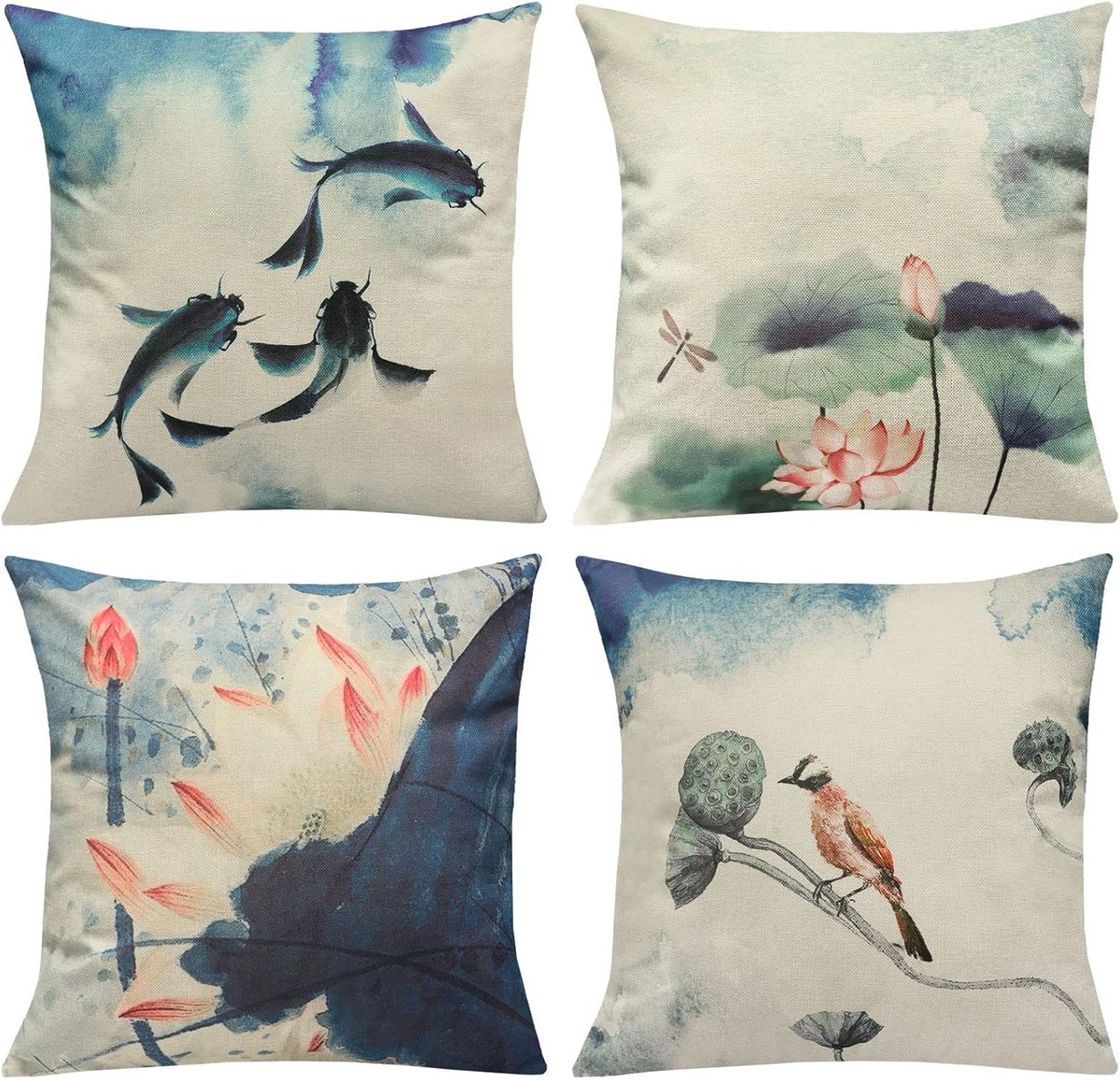 SnelShoppen - Set van 4 Farmhouse Decoratieve Kussenhoezen Chinoiserie Ink Stijl Linnen Kussens voor Sofa, Bed, Buiten 45 x 45cm