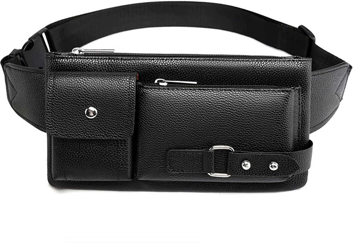 Lederen Multifunctionele Crossbody Tas - Slanke Messenger Tas voor School, Werk, Reizen, Heuptas, Schoudertas, Mode Tas - Zwart