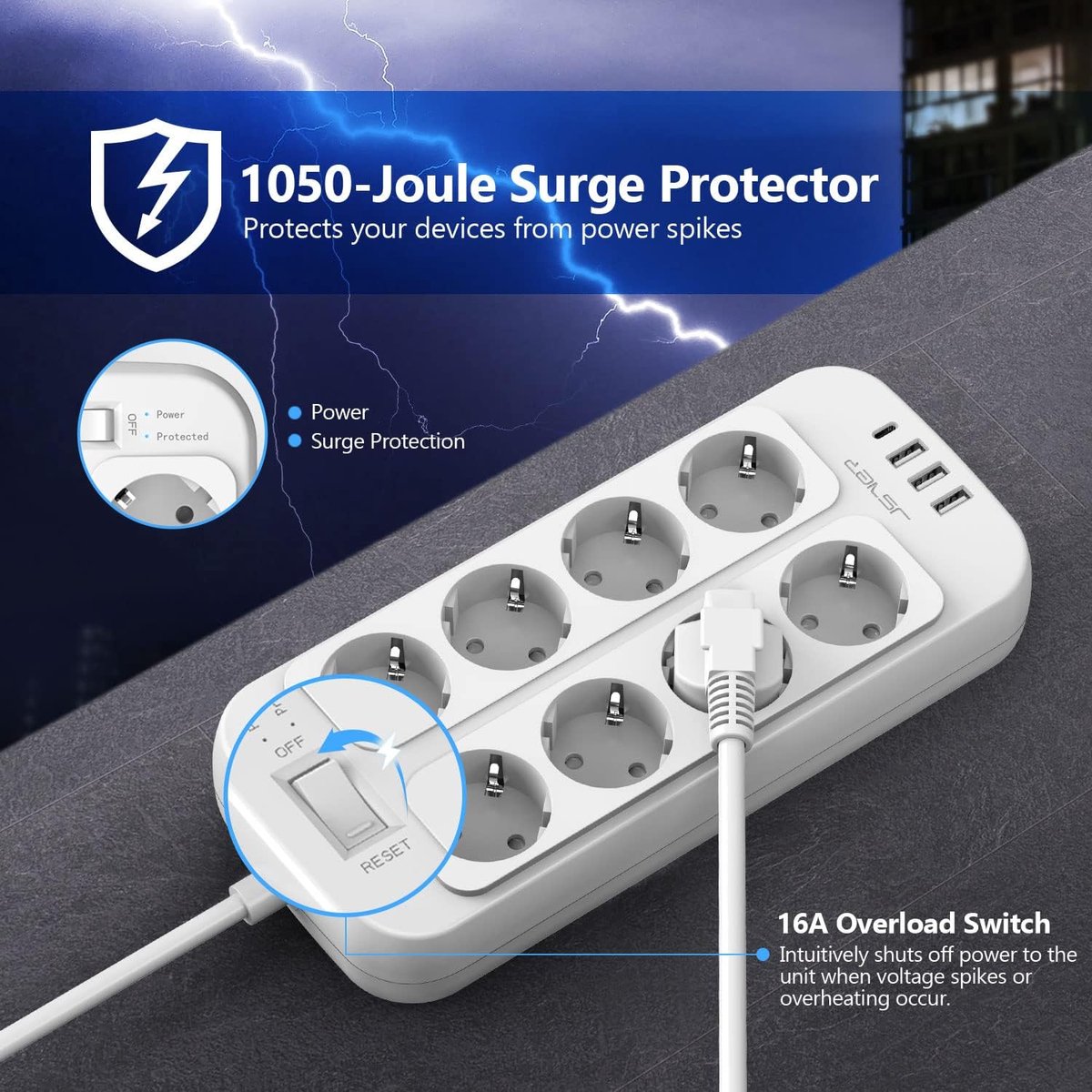 SnelShoppen - 8-Weg Power Strip met 4 USB Poorten, 3680W 16A, Wandmontage, Veiligheidsstekker voor Thuis en Kantoor - 3 M Wit
