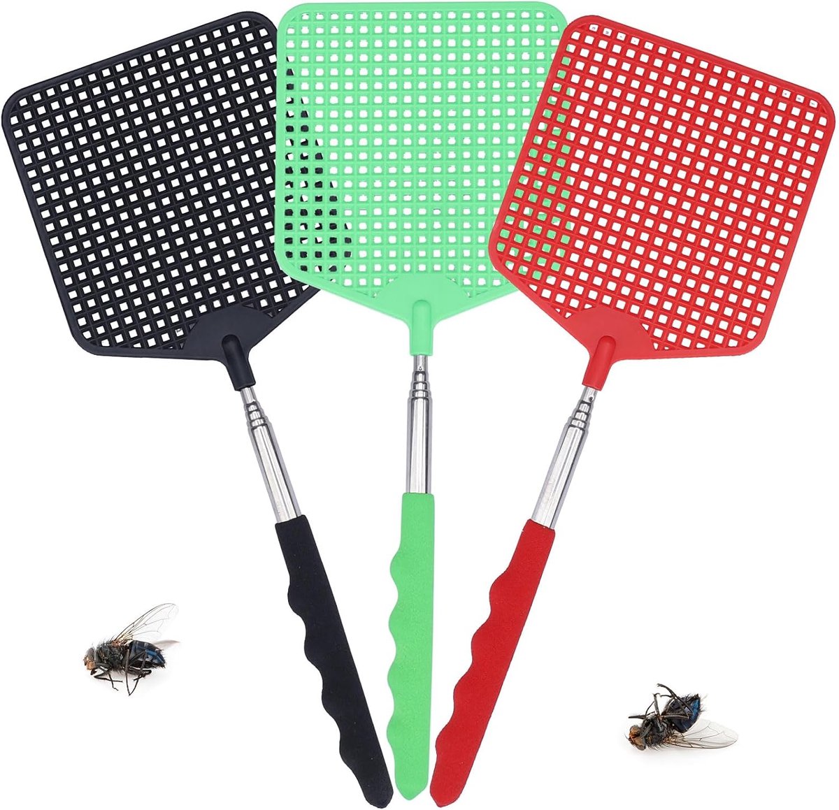 SnelShoppen - Vliegenspray 3 stuks, telescopische vliegenmepper met grote oppervlakte 12 x 10.5 cm, stevige vliegenmeppers voor vliegen, wespen, zwart