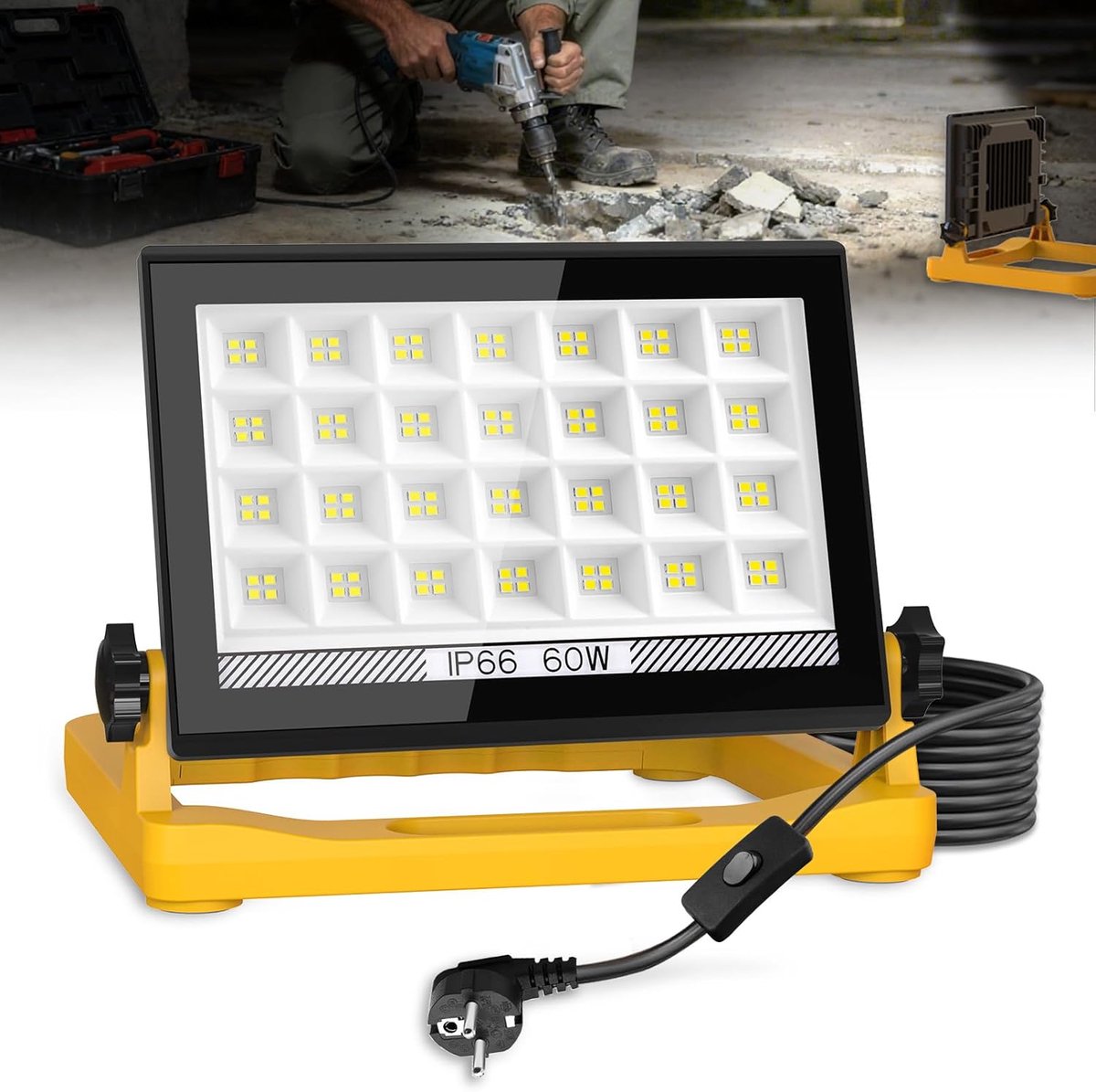 SnelShoppen - LED Construction Spotlight 60W, Waterdichte Werklamp met 3 Helderheidsstanden, 4m Kabel, 6000K, Ideaal voor Bouw, Tuin en Werkplaats
