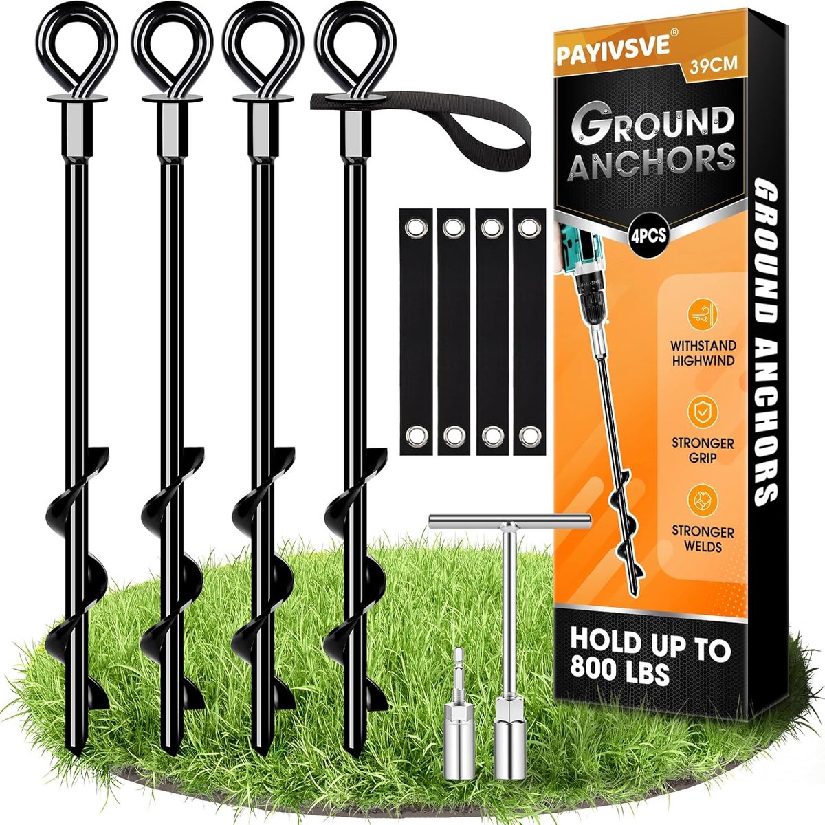 SnelShoppen - Set van 4 Heavy Duty Grondankers met Bands, Hoge Windbestendigheid voor Trampolines, Tenten, Partytenten, Schuren, Motorhomes en Meer