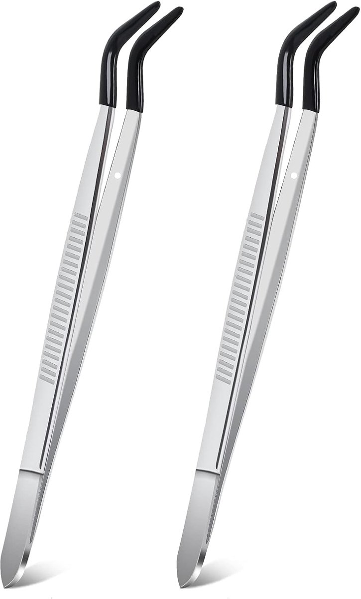 Thijox - 2 Stuks Gebogen Tip Pincet Rubber PVC Gecoat - Zwart Roestvrij Staal - 15,6 cm - Voor Sieraden, Kunst, Lab en Industrieel Gebruik